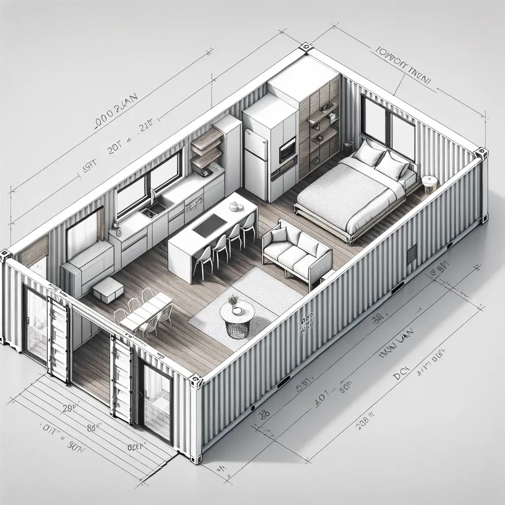 Dimensioned isometric layout of a 40 foot container home showing kitchen, bath, living area and bedroom